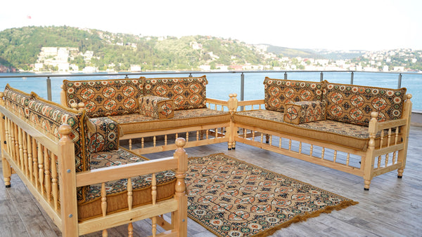 Gold Wooden Bench Sofa Sets, Yemeni Majlis, Bohemian Furniture, Outdoor Bench, Floor Cushions Set, Turkish Rug As Gift, Bench Pillow, Outdoor Furniture, Corner Sofa Set