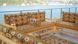 Gold Wooden Bench Sofa Sets, Yemeni Majlis, Bohemian Furniture, Outdoor Bench, Floor Cushions Set, Turkish Rug As Gift, Bench Pillow, Outdoor Furniture, Corner Sofa Set