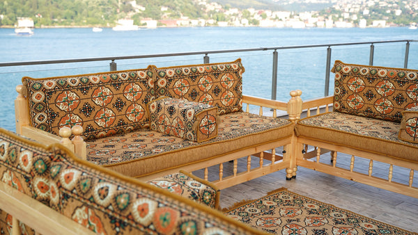 Gold Wooden Bench Sofa Sets, Yemeni Majlis, Bohemian Furniture, Outdoor Bench, Floor Cushions Set, Turkish Rug As Gift, Bench Pillow, Outdoor Furniture, Corner Sofa Set
