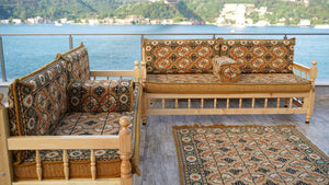 Gold Wooden Bench Sofa Sets, Yemeni Majlis, Bohemian Furniture, Outdoor Bench, Floor Cushions Set, Turkish Rug As Gift, Bench Pillow, Outdoor Furniture, Corner Sofa Set
