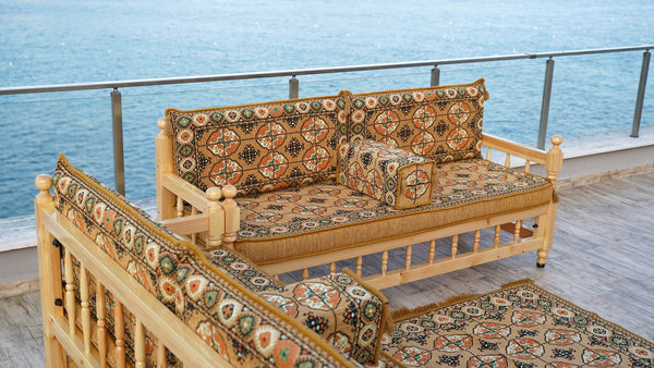 Gold Wooden Bench Sofa Sets, Yemeni Majlis, Bohemian Furniture, Outdoor Bench, Floor Cushions Set, Turkish Rug As Gift, Bench Pillow, Outdoor Furniture, Corner Sofa Set