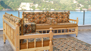 Gold Wooden Bench Sofa Sets, Yemeni Majlis, Bohemian Furniture, Outdoor Bench, Floor Cushions Set, Turkish Rug As Gift, Bench Pillow, Outdoor Furniture, Corner Sofa Set