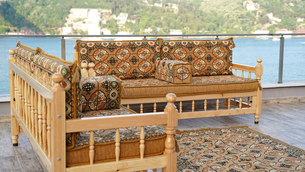 Gold Wooden Bench Sofa Sets, Yemeni Majlis, Bohemian Furniture, Outdoor Bench, Floor Cushions Set, Turkish Rug As Gift, Bench Pillow, Outdoor Furniture, Corner Sofa Set