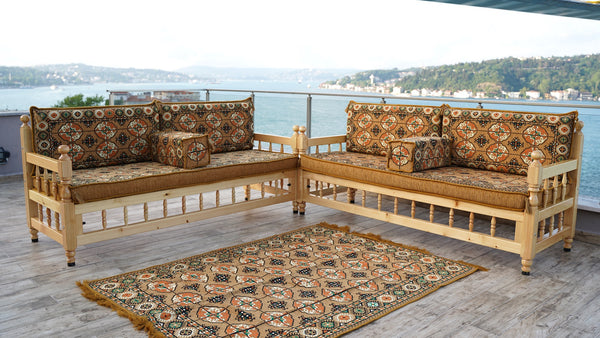 Gold Wooden Bench Sofa Sets, Yemeni Majlis, Bohemian Furniture, Outdoor Bench, Floor Cushions Set, Turkish Rug As Gift, Bench Pillow, Outdoor Furniture, Corner Sofa Set