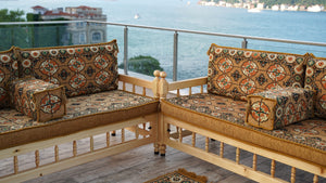 Gold Wooden Bench Sofa Sets, Yemeni Majlis, Bohemian Furniture, Outdoor Bench, Floor Cushions Set, Turkish Rug As Gift, Bench Pillow, Outdoor Furniture, Corner Sofa Set