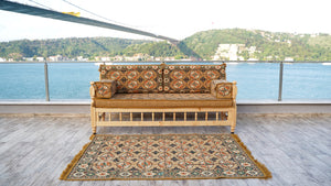 Gold Wooden Bench Sofa Sets, Yemeni Majlis, Bohemian Furniture, Outdoor Bench, Floor Cushions Set, Turkish Rug As Gift, Bench Pillow, Outdoor Furniture, Corner Sofa Set