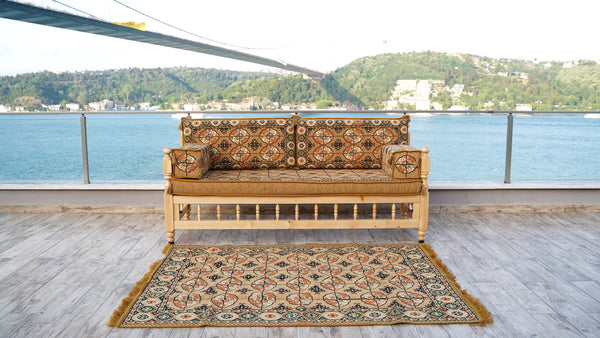 Gold Wooden Bench Sofa Sets, Yemeni Majlis, Bohemian Furniture, Outdoor Bench, Floor Cushions Set, Turkish Rug As Gift, Bench Pillow, Outdoor Furniture, Corner Sofa Set
