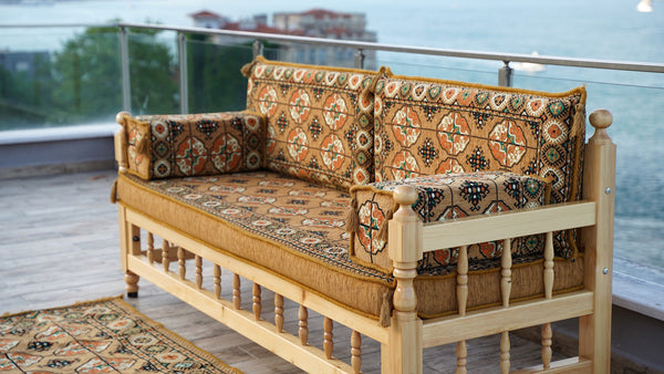 Gold Wooden Bench Sofa Sets, Yemeni Majlis, Bohemian Furniture, Outdoor Bench, Floor Cushions Set, Turkish Rug As Gift, Bench Pillow, Outdoor Furniture, Corner Sofa Set