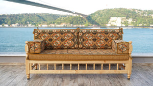 Gold Wooden Bench Sofa Sets, Yemeni Majlis, Bohemian Furniture, Outdoor Bench, Floor Cushions Set, Turkish Rug As Gift, Bench Pillow, Outdoor Furniture, Corner Sofa Set
