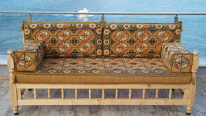 Gold Wooden Bench Sofa Sets, Yemeni Majlis, Bohemian Furniture, Outdoor Bench, Floor Cushions Set, Turkish Rug As Gift, Bench Pillow, Outdoor Furniture, Corner Sofa Set