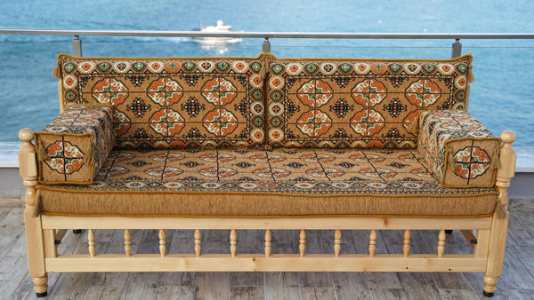 Gold Wooden Bench Sofa Sets, Yemeni Majlis, Bohemian Furniture, Outdoor Bench, Floor Cushions Set, Turkish Rug As Gift, Bench Pillow, Outdoor Furniture, Corner Sofa Set
