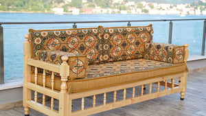 Gold Wooden Bench Sofa Sets, Yemeni Majlis, Bohemian Furniture, Outdoor Bench, Floor Cushions Set, Turkish Rug As Gift, Bench Pillow, Outdoor Furniture, Corner Sofa Set