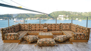 Gold Afghan Heritage: U Shaped Floor Sofa Set – Arabic Floor Cushion – Arabic Jalsa – Handmade Arabic Majlis Cushions