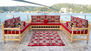 Red Corner Sofa Seating Set, Floor Cushions, Wooden Bench Sofa Sets, Outdoor Furniture, Yemeni Majlis, Bohemian Furniture, Handmade Wooden Bench, Arabic Sofa Seating