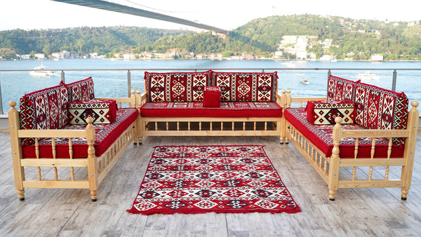 Red Corner Sofa Seating Set, Floor Cushions, Wooden Bench Sofa Sets, Outdoor Furniture, Yemeni Majlis, Bohemian Furniture, Handmade Wooden Bench, Arabic Sofa Seating