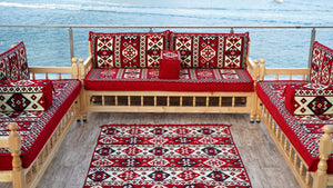 Red Corner Sofa Seating Set, Floor Cushions, Wooden Bench Sofa Sets, Outdoor Furniture, Yemeni Majlis, Bohemian Furniture, Handmade Wooden Bench, Arabic Sofa Seating