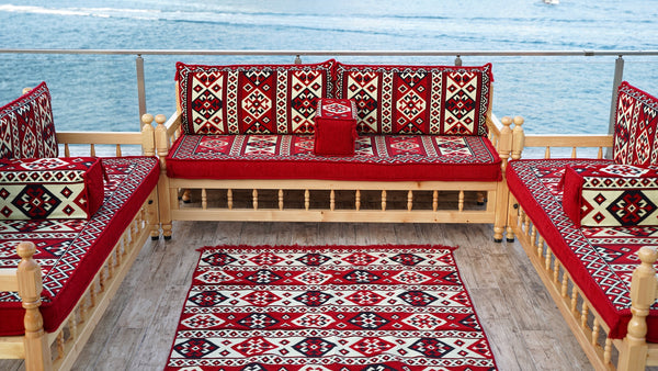 Red Corner Sofa Seating Set, Floor Cushions, Wooden Bench Sofa Sets, Outdoor Furniture, Yemeni Majlis, Bohemian Furniture, Handmade Wooden Bench, Arabic Sofa Seating