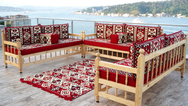 Red Corner Sofa Seating Set, Floor Cushions, Wooden Bench Sofa Sets, Outdoor Furniture, Yemeni Majlis, Bohemian Furniture, Handmade Wooden Bench, Arabic Sofa Seating