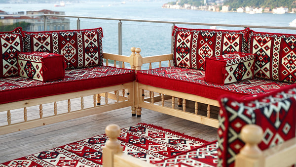 Red Corner Sofa Seating Set, Floor Cushions, Wooden Bench Sofa Sets, Outdoor Furniture, Yemeni Majlis, Bohemian Furniture, Handmade Wooden Bench, Arabic Sofa Seating