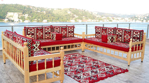 Red Corner Sofa Seating Set, Floor Cushions, Wooden Bench Sofa Sets, Outdoor Furniture, Yemeni Majlis, Bohemian Furniture, Handmade Wooden Bench, Arabic Sofa Seating
