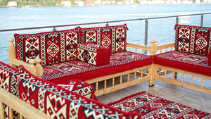 Red Corner Sofa Seating Set, Floor Cushions, Wooden Bench Sofa Sets, Outdoor Furniture, Yemeni Majlis, Bohemian Furniture, Handmade Wooden Bench, Arabic Sofa Seating