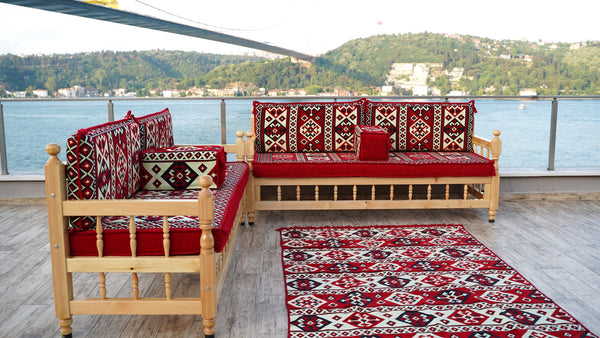Red Corner Sofa Seating Set, Floor Cushions, Wooden Bench Sofa Sets, Outdoor Furniture, Yemeni Majlis, Bohemian Furniture, Handmade Wooden Bench, Arabic Sofa Seating