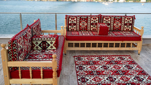 Red Corner Sofa Seating Set, Floor Cushions, Wooden Bench Sofa Sets, Outdoor Furniture, Yemeni Majlis, Bohemian Furniture, Handmade Wooden Bench, Arabic Sofa Seating