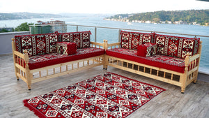 Red Corner Sofa Seating Set, Floor Cushions, Wooden Bench Sofa Sets, Outdoor Furniture, Yemeni Majlis, Bohemian Furniture, Handmade Wooden Bench, Arabic Sofa Seating