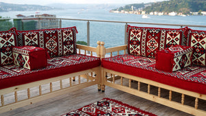 Red Corner Sofa Seating Set, Floor Cushions, Wooden Bench Sofa Sets, Outdoor Furniture, Yemeni Majlis, Bohemian Furniture, Handmade Wooden Bench, Arabic Sofa Seating
