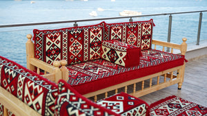 Red Corner Sofa Seating Set, Floor Cushions, Wooden Bench Sofa Sets, Outdoor Furniture, Yemeni Majlis, Bohemian Furniture, Handmade Wooden Bench, Arabic Sofa Seating