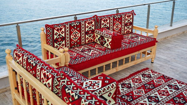 Red Corner Sofa Seating Set, Floor Cushions, Wooden Bench Sofa Sets, Outdoor Furniture, Yemeni Majlis, Bohemian Furniture, Handmade Wooden Bench, Arabic Sofa Seating