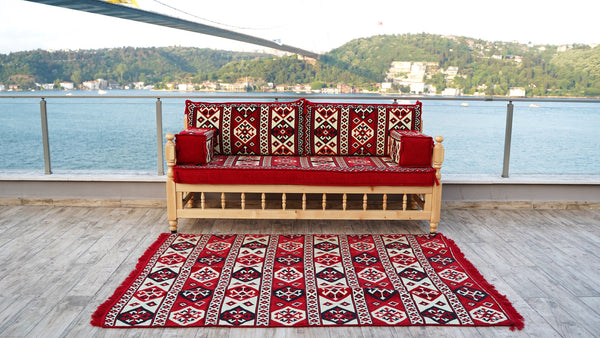 Red Corner Sofa Seating Set, Floor Cushions, Wooden Bench Sofa Sets, Outdoor Furniture, Yemeni Majlis, Bohemian Furniture, Handmade Wooden Bench, Arabic Sofa Seating