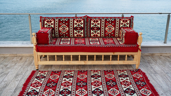 Red Corner Sofa Seating Set, Floor Cushions, Wooden Bench Sofa Sets, Outdoor Furniture, Yemeni Majlis, Bohemian Furniture, Handmade Wooden Bench, Arabic Sofa Seating