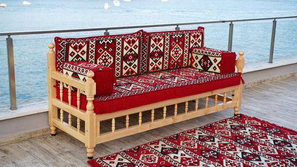 Red Corner Sofa Seating Set, Floor Cushions, Wooden Bench Sofa Sets, Outdoor Furniture, Yemeni Majlis, Bohemian Furniture, Handmade Wooden Bench, Arabic Sofa Seating