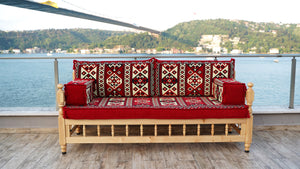 Red Corner Sofa Seating Set, Floor Cushions, Wooden Bench Sofa Sets, Outdoor Furniture, Yemeni Majlis, Bohemian Furniture, Handmade Wooden Bench, Arabic Sofa Seating