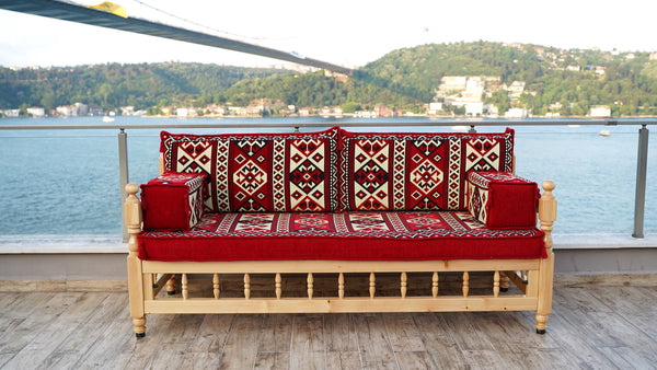 Red Corner Sofa Seating Set, Floor Cushions, Wooden Bench Sofa Sets, Outdoor Furniture, Yemeni Majlis, Bohemian Furniture, Handmade Wooden Bench, Arabic Sofa Seating