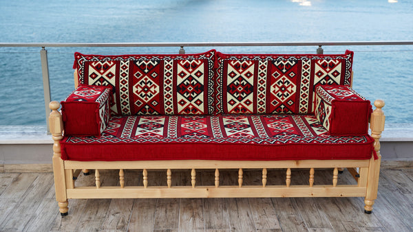 Red Corner Sofa Seating Set, Floor Cushions, Wooden Bench Sofa Sets, Outdoor Furniture, Yemeni Majlis, Bohemian Furniture, Handmade Wooden Bench, Arabic Sofa Seating
