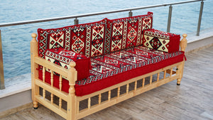 Red Corner Sofa Seating Set, Floor Cushions, Wooden Bench Sofa Sets, Outdoor Furniture, Yemeni Majlis, Bohemian Furniture, Handmade Wooden Bench, Arabic Sofa Seating