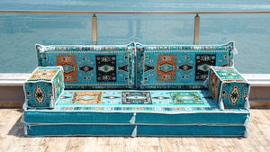 Turquoise Milas Breeze: Single Floor Sofa Set – 8 Inch Thick Arabic Sofa – Modular Floor Seating – Turkish Floor Sofa
