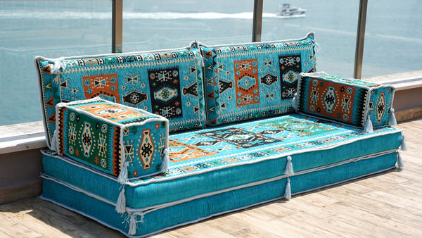 Turquoise Milas Breeze: Single Floor Sofa Set – 8 Inch Thick Arabic Sofa – Modular Floor Seating – Turkish Floor Sofa