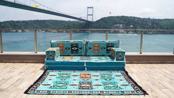 Turquoise Milas Breeze: Single Floor Sofa Set – 8 Inch Thick Arabic Sofa – Modular Floor Seating – Turkish Floor Sofa