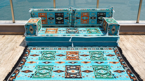 Turquoise Milas Breeze: Single Floor Sofa Set – 8 Inch Thick Arabic Sofa – Modular Floor Seating – Turkish Floor Sofa