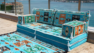 Turquoise Milas Breeze: Single Floor Sofa Set – 8 Inch Thick Arabic Sofa – Modular Floor Seating – Turkish Floor Sofa