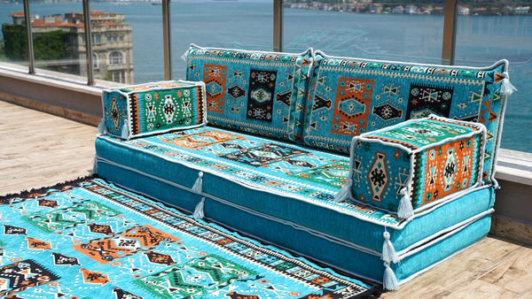 Turquoise Milas Breeze: Single Floor Sofa Set – 8 Inch Thick Arabic Sofa – Modular Floor Seating – Turkish Floor Sofa