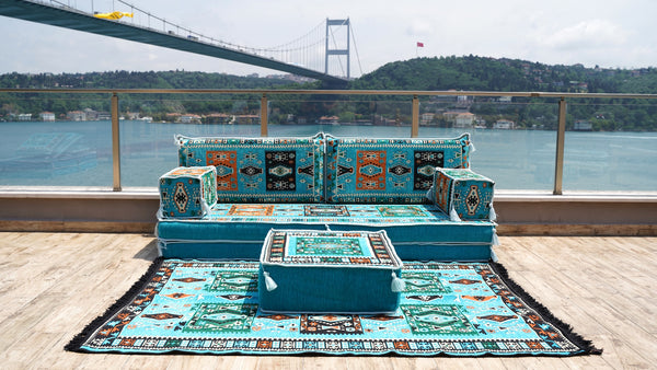 Turquoise Milas Breeze: Single Floor Sofa Set – 8 Inch Thick Arabic Sofa – Modular Floor Seating – Turkish Floor Sofa