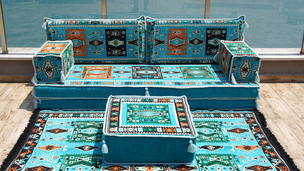 Turquoise Milas Breeze: Single Floor Sofa Set – 8 Inch Thick Arabic Sofa – Modular Floor Seating – Turkish Floor Sofa
