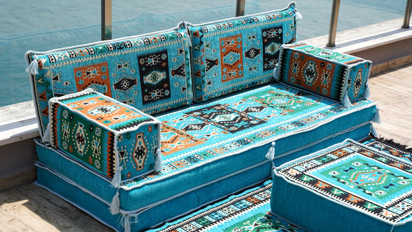 Turquoise Milas Breeze: Single Floor Sofa Set – 8 Inch Thick Arabic Sofa – Modular Floor Seating – Turkish Floor Sofa