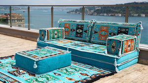 Turquoise Milas Breeze: Single Floor Sofa Set – 8 Inch Thick Arabic Sofa – Modular Floor Seating – Turkish Floor Sofa