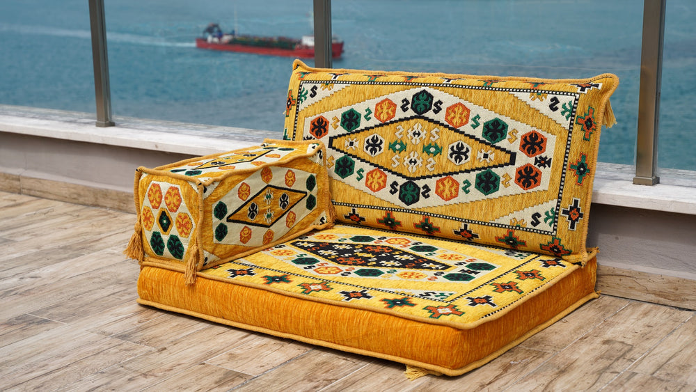 Yellow Small Floor Cushion Seating, Arabic Majlis Sofa, Modular Sectional Sofa with Backrest Pillow