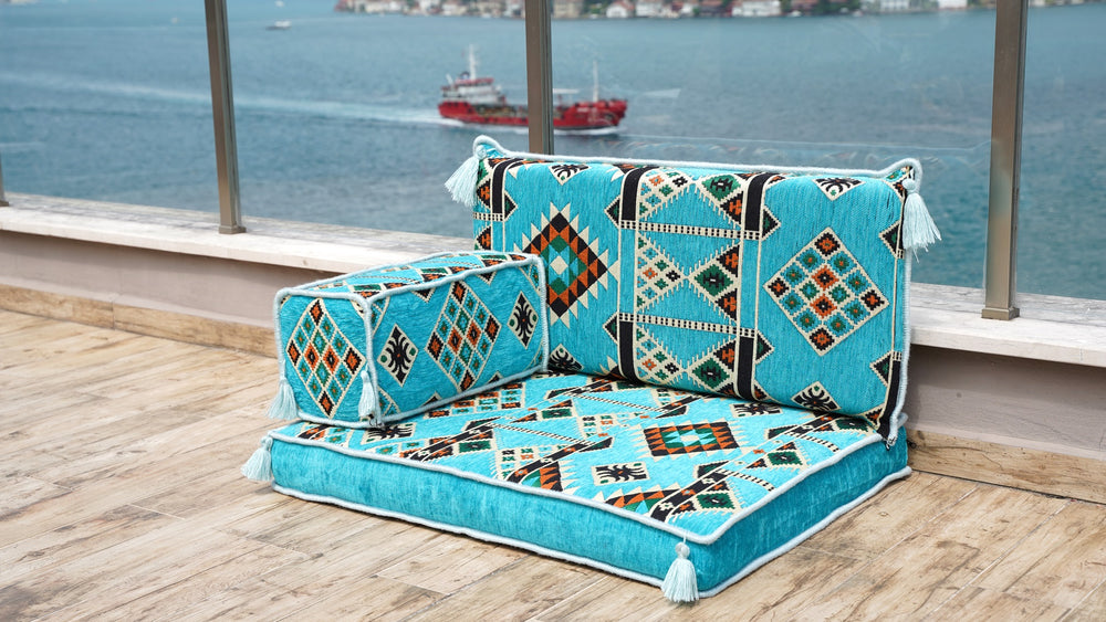 Small Majlis Sofa Set, Turquoise 4 Inch Thick Floor Seating, Arabic Floor Sofa Set with Armrest Pillow